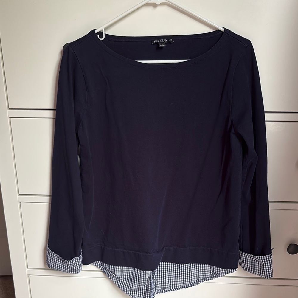 J. Crew Navy Blouse with Checkered Cuffs